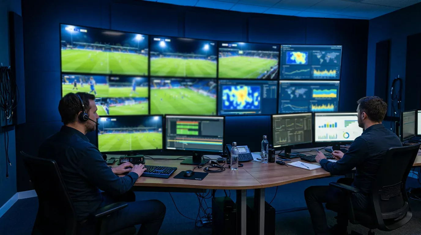Controlekamer met meerdere schermen die live voetbalwedstrijden en datastromen tonen